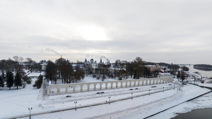 panoramic view from a drone on the ancient center in Veliky Novgorod on a winter day