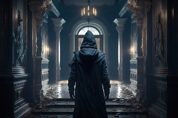 A spooky dark hooded figure walks along an abandoned hallway of a haunted mansion created by generative AI - obrazy, fototapety, plakaty