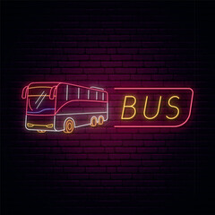 Neon bus sign. Glowing bus icon and text on dark brick wall background. Neon signboard. Vector illustration. © greens87