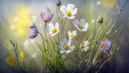 Colorful Meadow Morning in the field, Summer field with white daisies under a blue sky. Idyllic happy summer flowers, sun rays, dreamlike nature landscape background