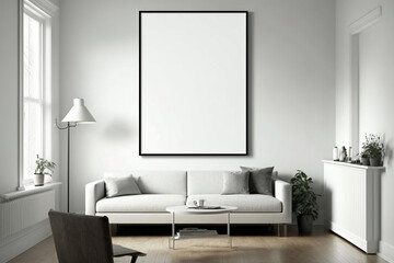 Fototapeta na wymiar Blank White Poster frame mockup in living room interior. Generative Ai