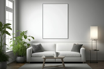 Blank White Poster frame mockup in living room interior. Generative Ai