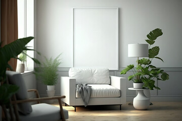 Blank White Poster frame mockup in living room interior. Generative Ai