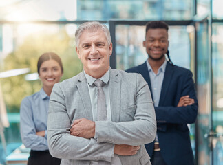 Leadership, team and portrait of business people with arms crossed, pride and unity at a company....