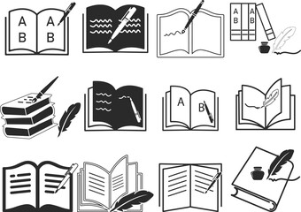 Book read and write icon set, study icon set black vector