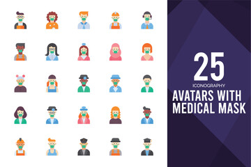 Obraz premium 25 Avatars With Medical Masks Flat icon pack. vector illustration.