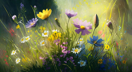 Colorful Meadow Morning in the field, Summer field with white daisies under a blue sky. Idyllic happy summer flowers, sun rays, dreamlike nature landscape background