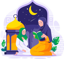 A Muslim mother teaches his daughter to read Quran. Muslim people read Quran in the holy month of Ramadan. Muslim Family read Koran on Ramadan concept illustration