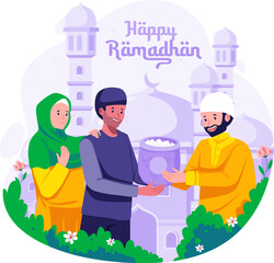 Muslim People give Zakat charity, an important Islamic obligation. Donation and charity during the Holy Month of Ramadan Kareem illustration
