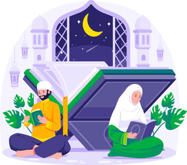 Muslim couple reading and studying the Quran in the mosque during Ramadan Kareem with a giant Quran background. Vector illustration in flat style