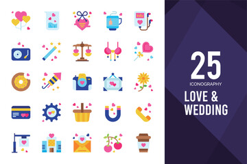 Fototapeta premium 25 Love And Wedding Flat icon pack. vector illustration.