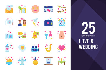 25 Love And Wedding Flat icon pack. vector illustration.