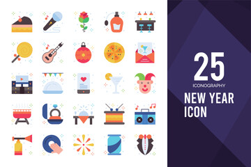 Fototapeta premium 25 New Year Flat icon pack. vector illustration.
