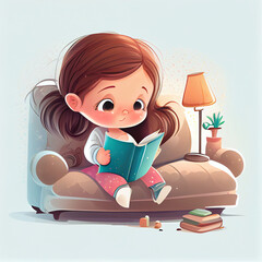 cute babygirl is reading a book on the sofa, cartoon style, generative ai