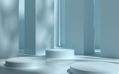 3d rendering of empty floor with cylindrical platform in the center and wall with shadow from tree leaves. Pedestal stage platform blank for product display