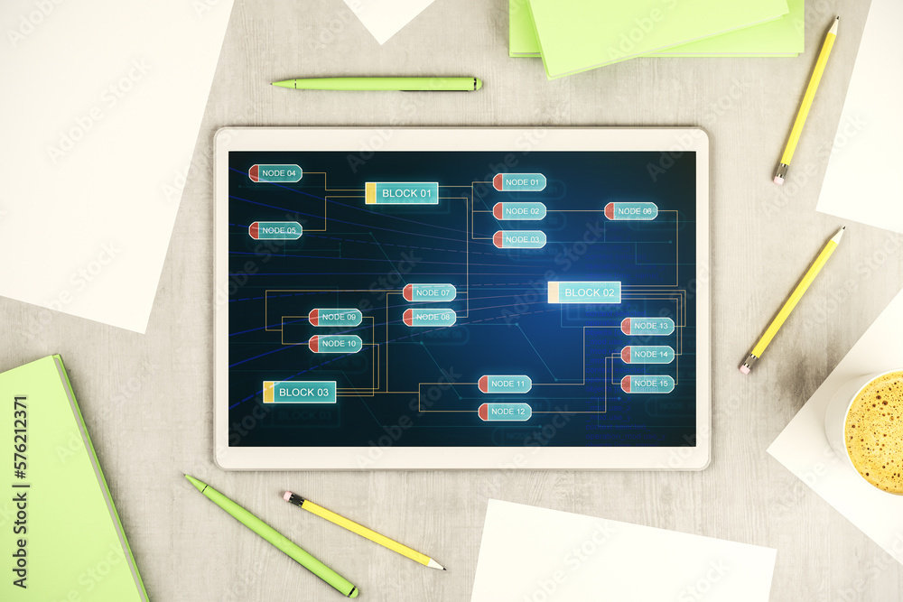 Fototapete Top view of modern digital tablet screen with abstract creative programming illustration, big data and blockchain concept. 3D Rendering