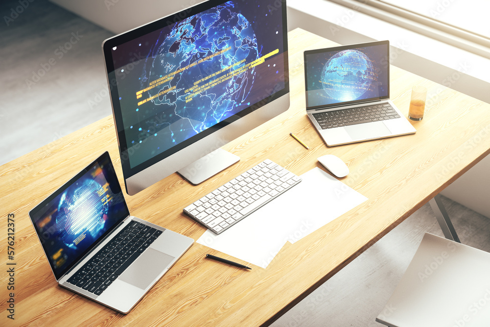Poster abstract creative coding concept with world map on modern laptop screen. 3d rendering