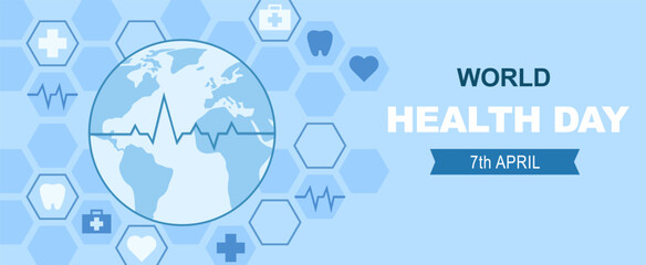 Horizontal banner for world health day celebration. Flat cartoon illustration medical banner.