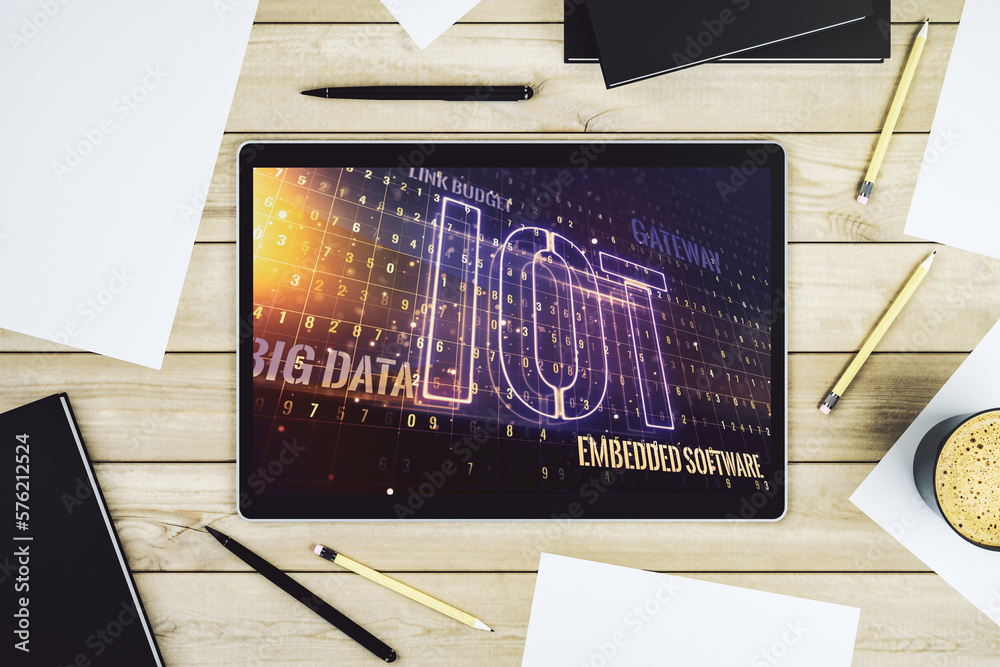 Poster Creative IOT illustration on modern digital tablet display, future technology concept. Top view. 3D Rendering