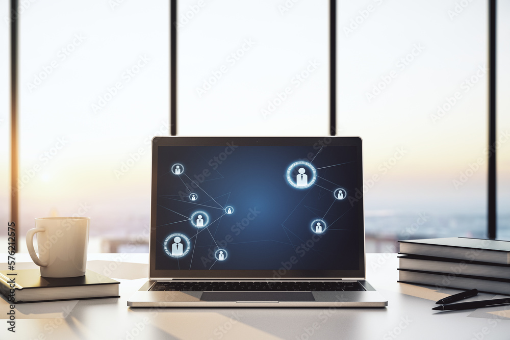 Poster modern computer screen with social network media concept. 3d rendering