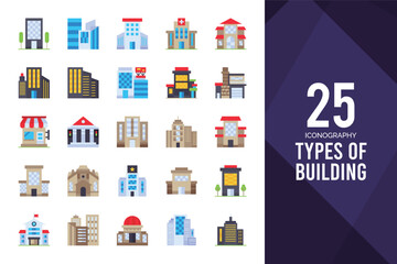 25 Types of Building Flat icon pack. vector illustration.