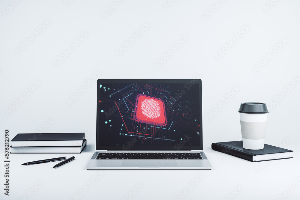 Poster Computer monitor with abstract fingerprint scan interface, digital access concept. 3D Rendering