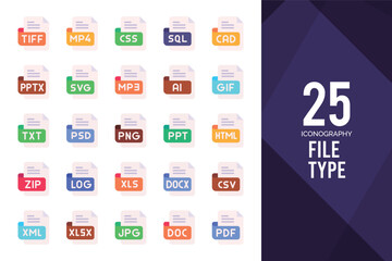 25 File Type Flat icon pack. vector illustration.