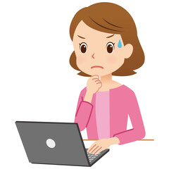 パソコンを操作する女性　主婦　悩む