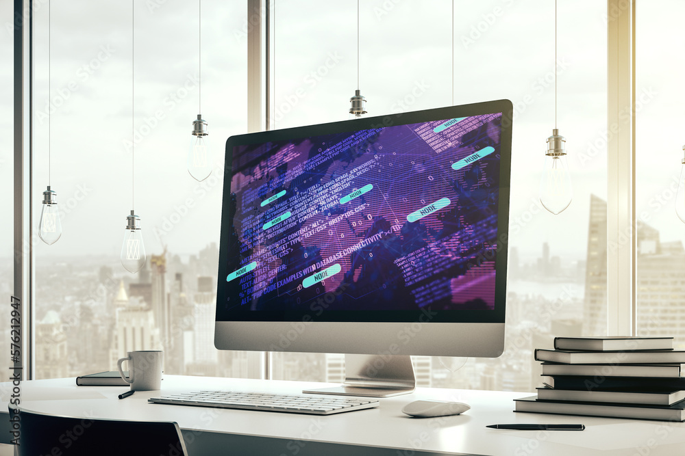 Leinwandbilder computer monitor with abstract creative programming illustration and world map, big data and blockch