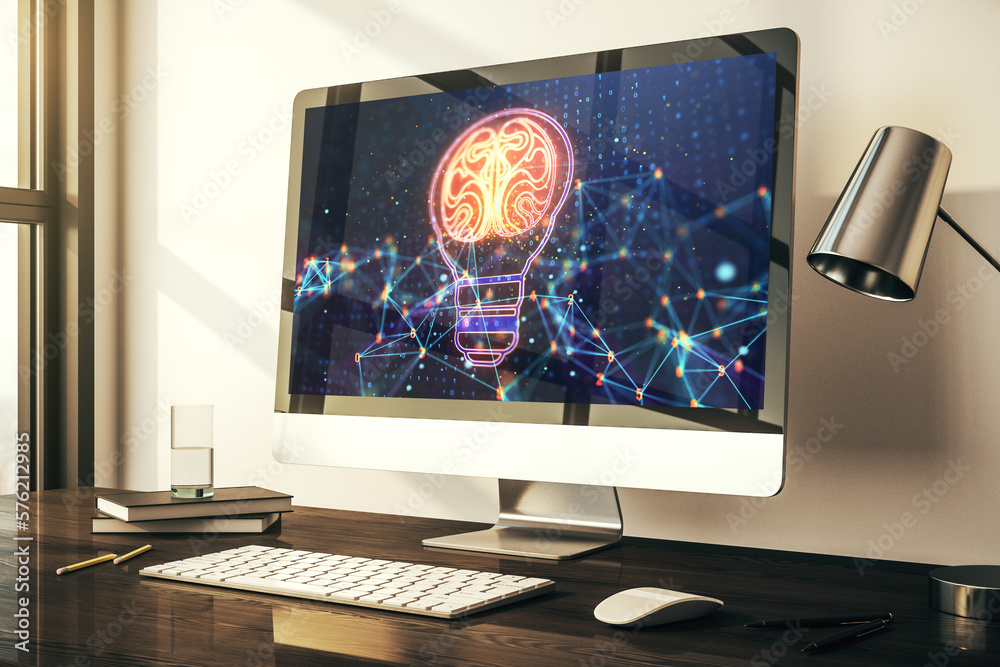 Aufkleber creative light bulb illustration with human brain on modern computer monitor, future technology conc