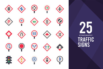 25 Traffic Signs Flat icon pack. vector illustration.