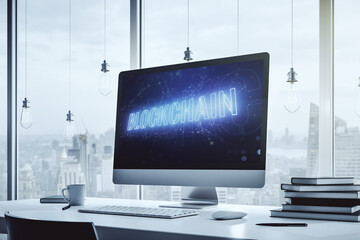 Creative abstract blockchain technology sketch on modern laptop monitor, future technology and blockchain concept. 3D Rendering