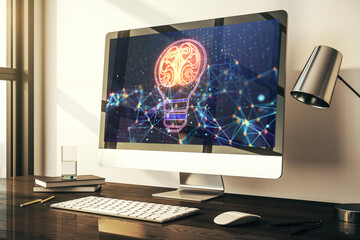 Creative light bulb illustration with human brain on modern computer monitor, future technology concept. 3D Rendering