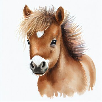 Portrait of a cute baby pony, watercolor illustration