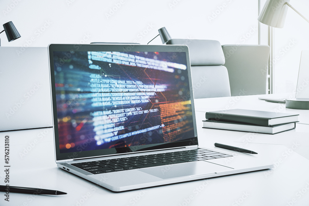 Poster abstract creative coding concept on modern laptop screen. 3d rendering