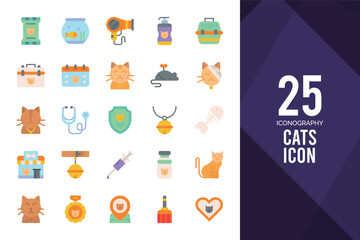 25 Cats Flat icon pack. vector illustration.