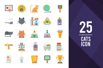 25 Cats Flat icon pack. vector illustration.