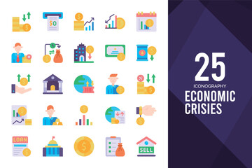 25 Economic Crisies Flat icon pack. vector illustration.