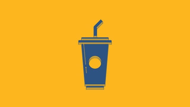 Blue Paper glass with drinking straw and water icon isolated on orange background. Soda drink glass. Fresh cold beverage symbol. 4K Video motion graphic animation
