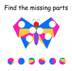 Logic puzzle for kids. Find the missing parts. Children activity page. Vector illustration.