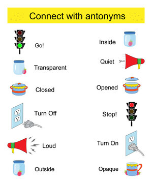 Educational material for kids. Connect with antonyms. Opposites words. Vector illustration