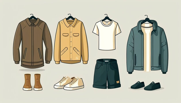 Male wardrobe items, flat lay, generative AI.