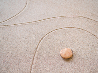 Fototapeta na wymiar Zen Garden Calm Symbols Nature,Line Pattern Texture Japan on Sand Beach Background,Design Buddhism Spa Meditation,Desert Balance Abstract.Concept for Wellness Spirituality Spirit Mandala Relax.