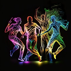 neon silhouettes of dancing people on a black background dark dance walk move graphics Generative AI 
