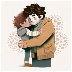 a little boy with curly hair smiling while hugging her father 