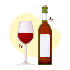  One red wine glass and bottle, vector image for menu or advertising banner