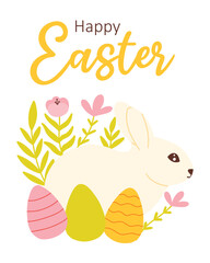 Easter card. Cute Easter card with bunny and eggs. Vector illustration. Flat hand drawn style. Happy easter.
