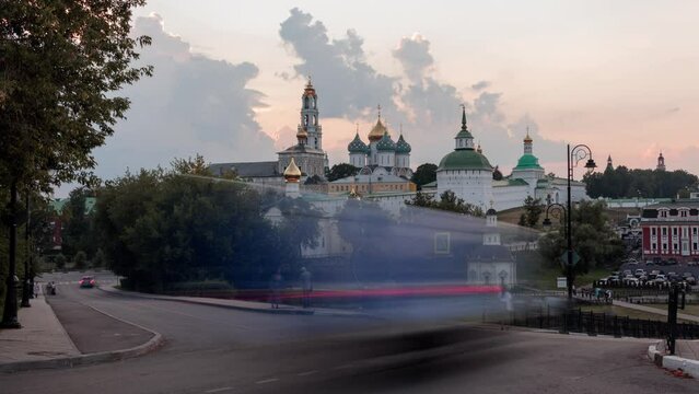 Evening view of holy Trinity St. Sergius Lavra in Sergiev Posad in the Moscow Region. Time-lapse.