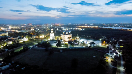 Fototapeta na wymiar Ryazan, Russia. Night flight. Ryazan Kremlin - The oldest part of the city of Ryazan. Cathedral of the Assumption of the Blessed Virgin Mary, Aerial View