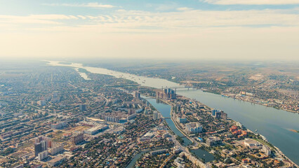 Astrakhan, Russia. The Volga River and the embankment of the city of Astrakhan, Aerial View
